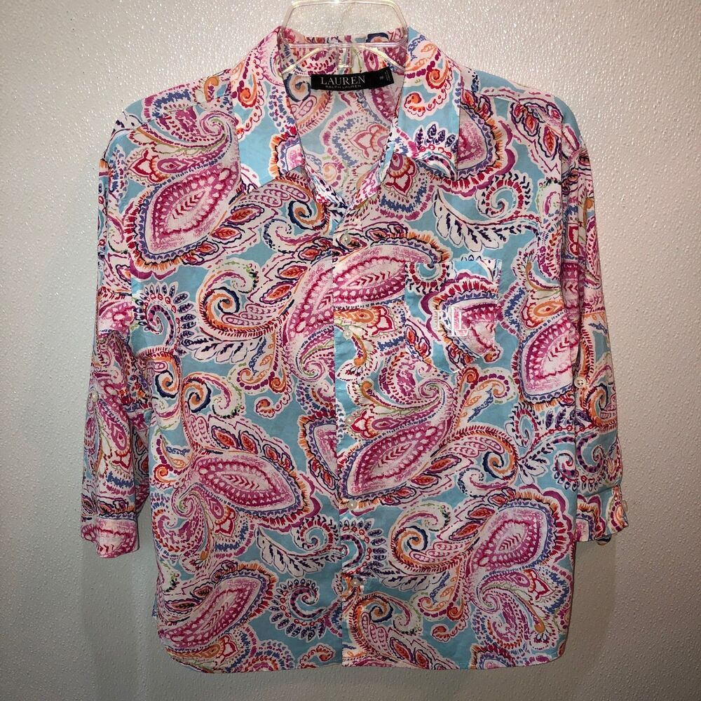 Lauren Ralph Lauren Petite Medium Paisley Pink Button Up Roll Tab Top Shirt PM - Picture 3 of 9